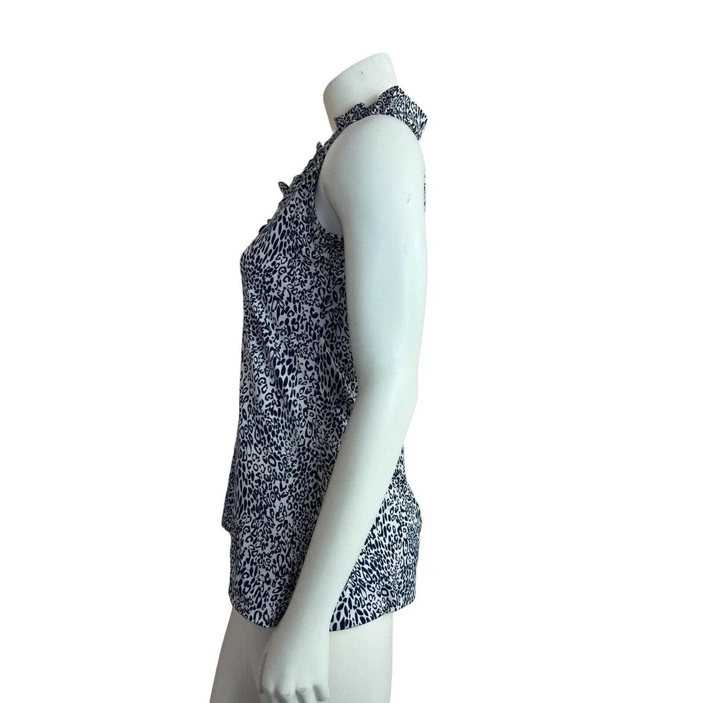 La Mer Luxe Ruffle Neck Top Sleeveless Leopard Printed Blue White Stretch XS - Picture 4 of 11